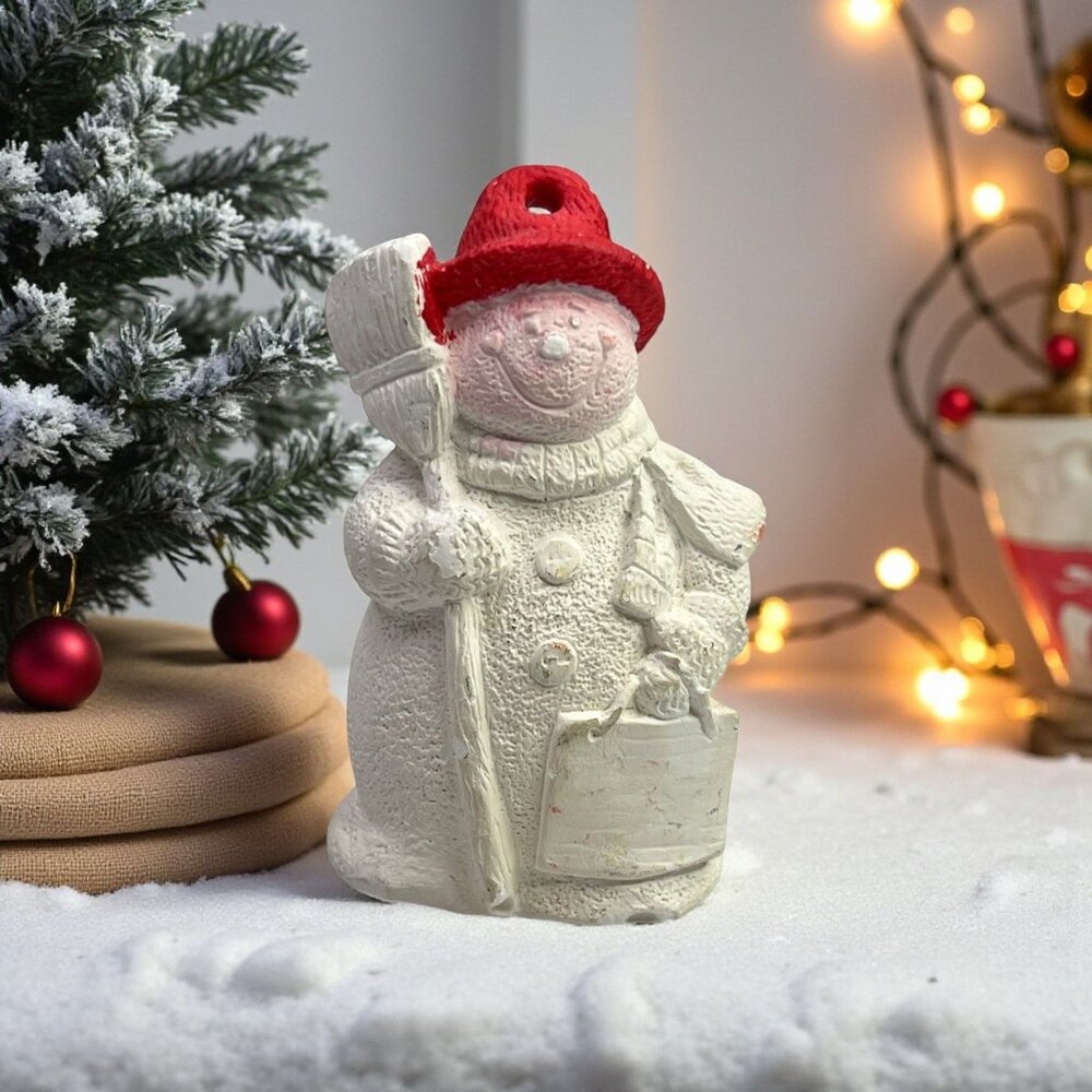 Accents Unlimited Vintage 3D Snowman Ornament With Red Hat & Broom